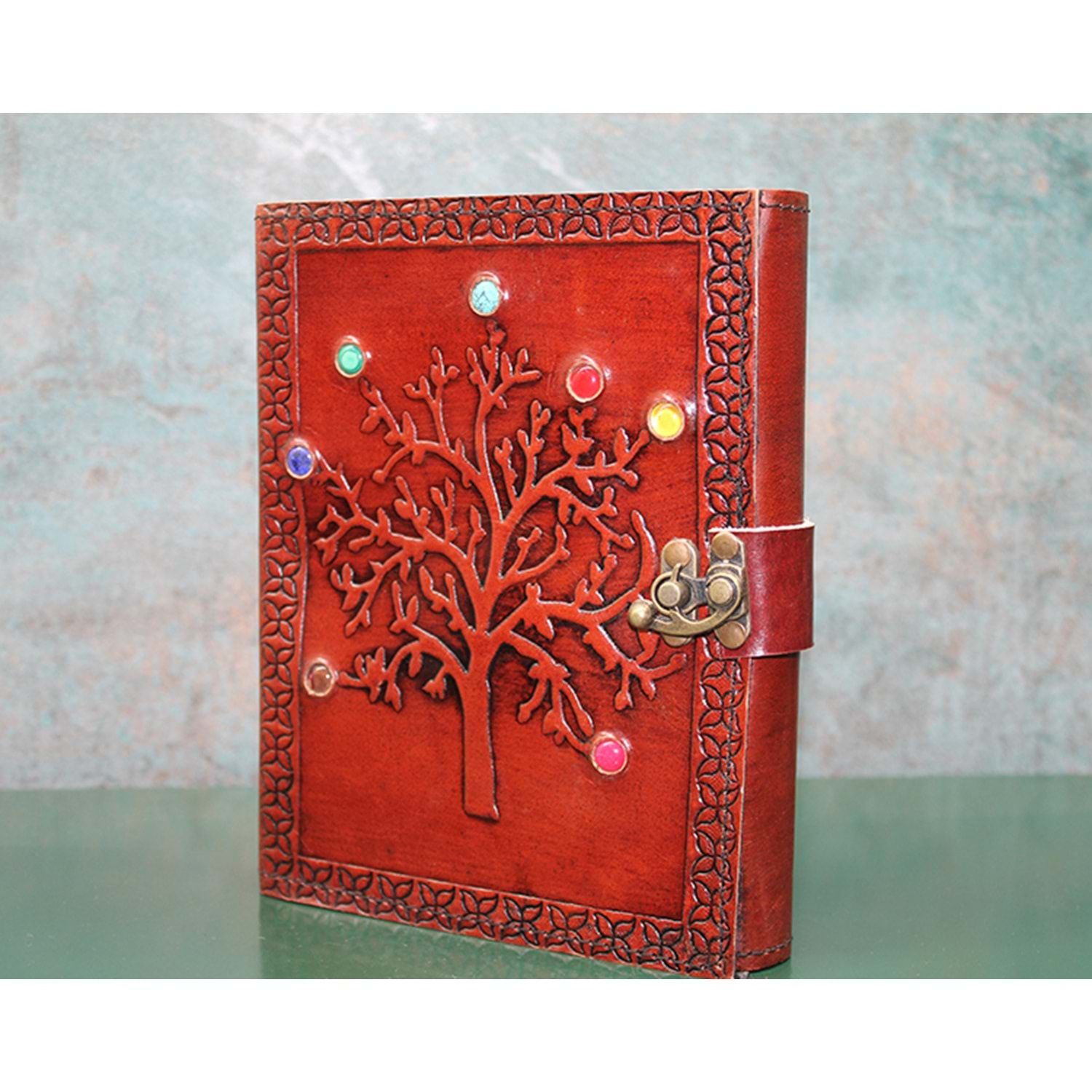 Kahverengi Hayat Ağacı  Desenli Taşlı Deri Defter