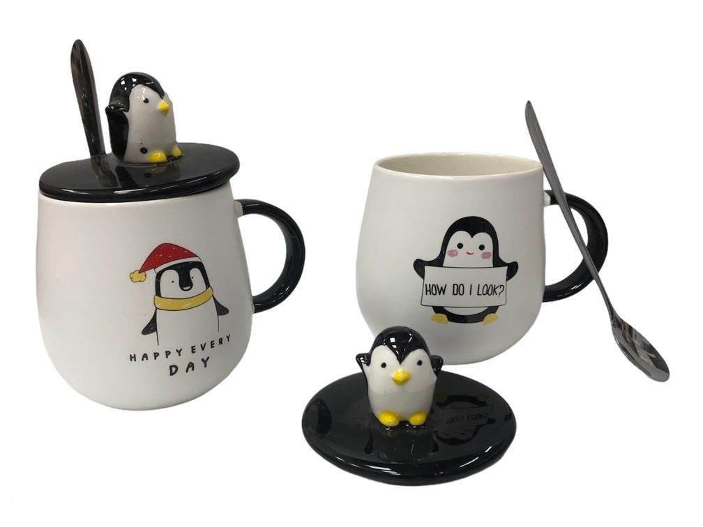 Penguen Tasarımlı Seramik Kapaklı Metal Kaşıklı Kupa Bardak
