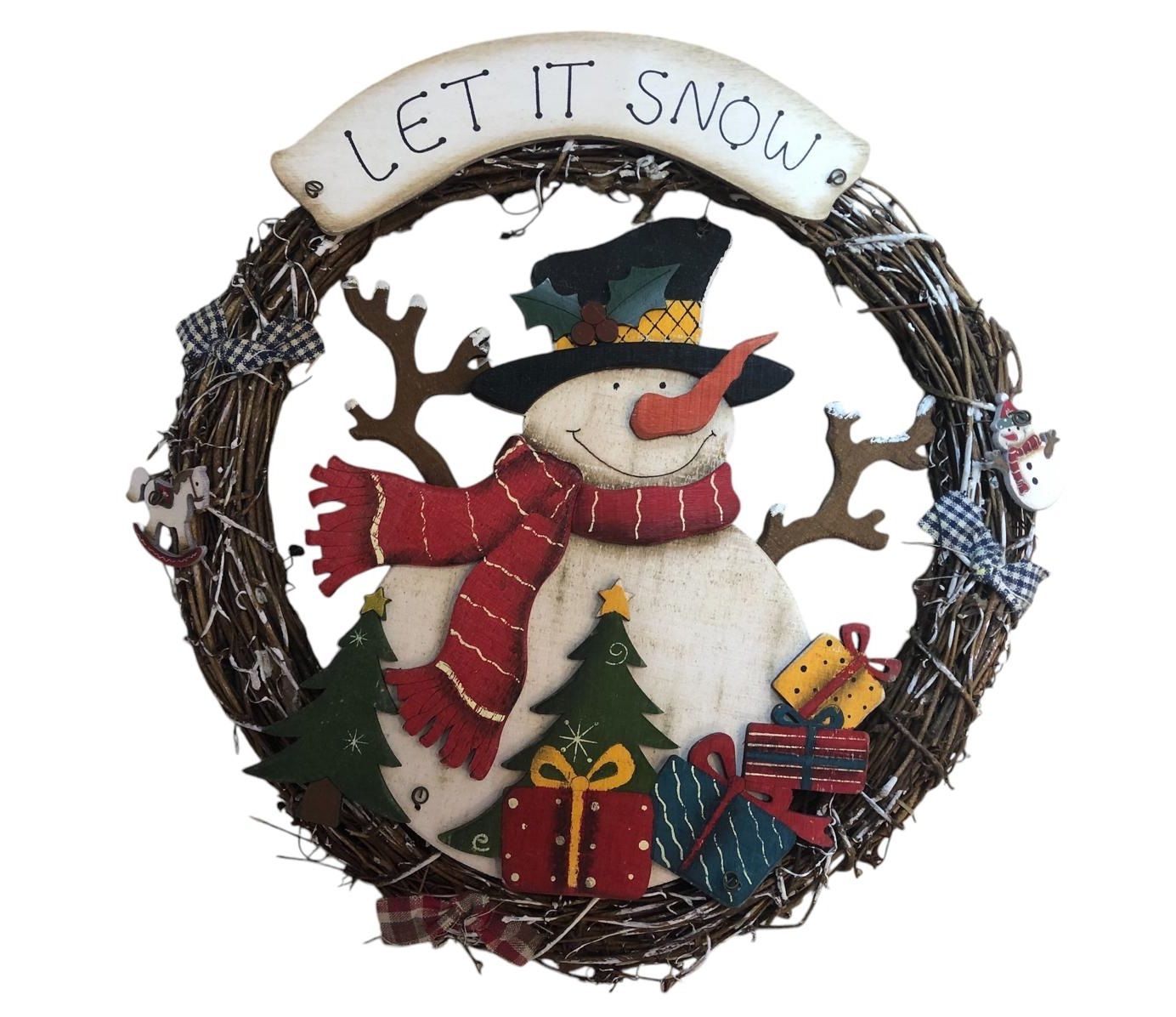 Ahşap Let It Snow Kardan Adam Yılbaşı Çam Ağacı Kapı Duvar Süsü
