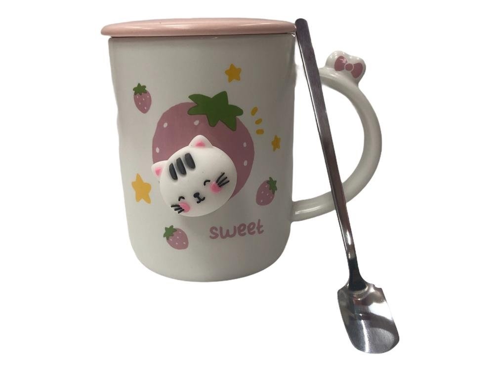 Sweet Kedi Tasarımlı Seramik Kapaklı Metal Kaşıklı Kupa Bardak