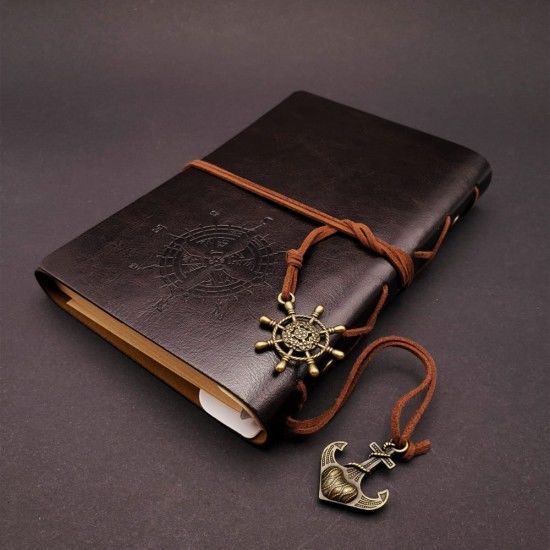 Pusula Baskılı Siyah Deri Defter