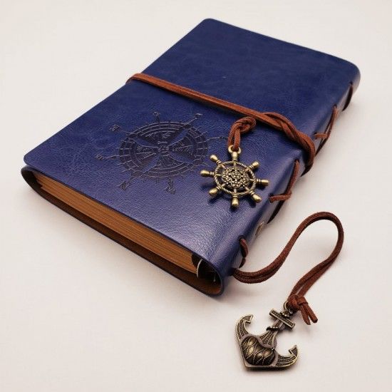 Pusula Baskılı Lacivert Deri Defter