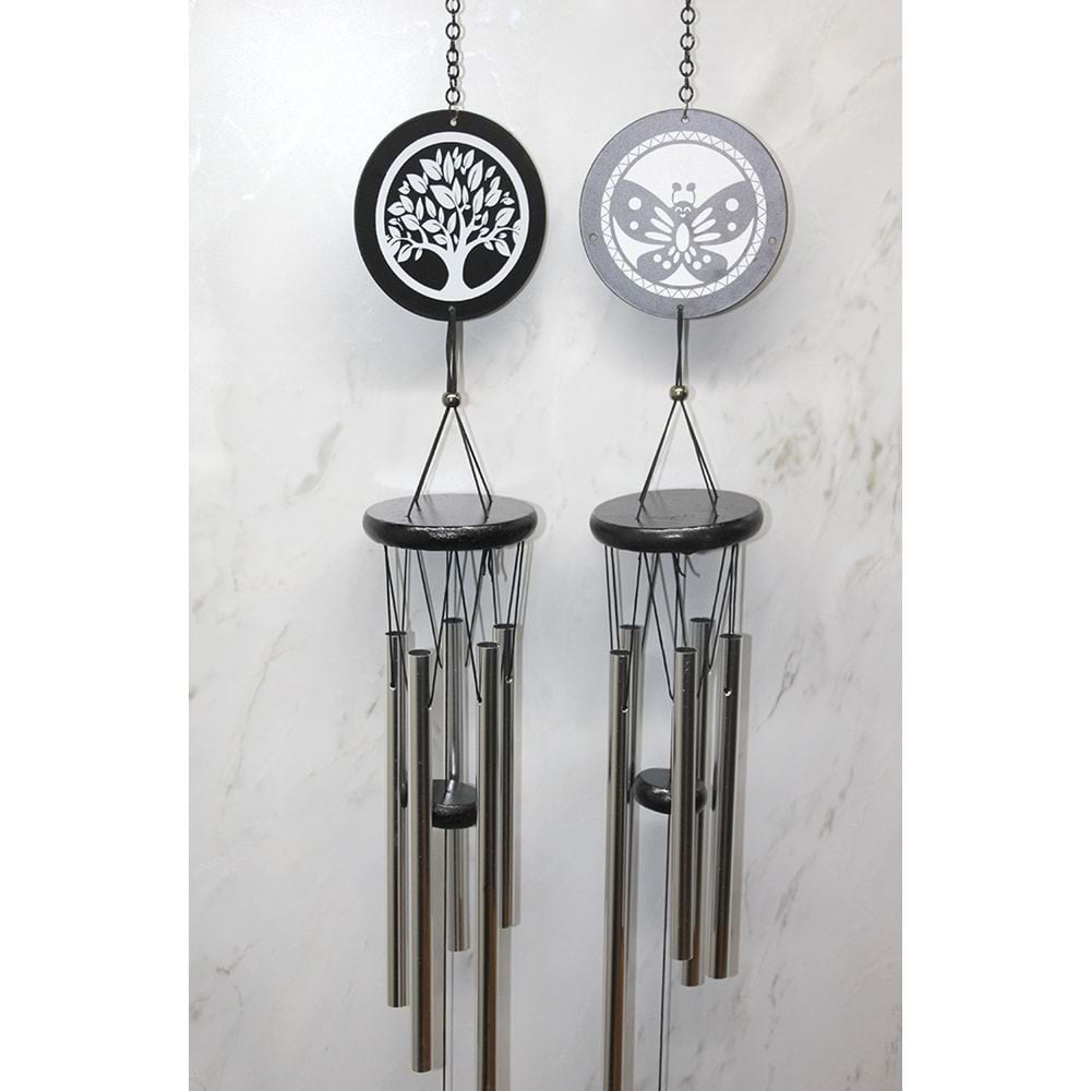 Hayat Ağacı Ve Kelebek Tasarımlı Metal Rüzgar Çanı (83 cm)