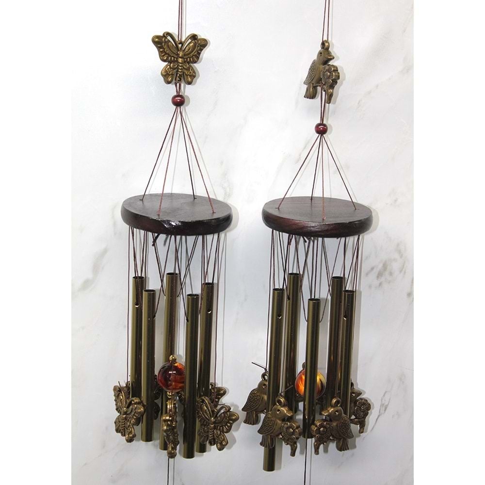 Kelebek Ve Kuş Tasarımlı Metal Rüzgar Çanı (65 cm)