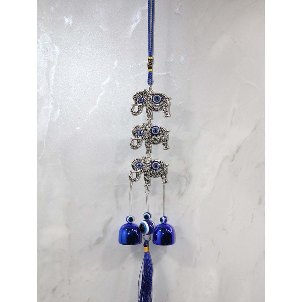 3'lü Fil Tasarımlı Nazar Boncuklu Metal Rüzgar Çanı (41 cm)