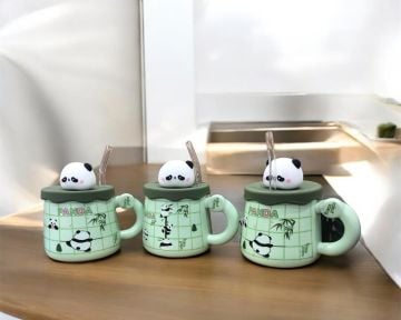 Silikon Kapaklı Panda Tasarım Pipetli Seramik Kupa Bardak