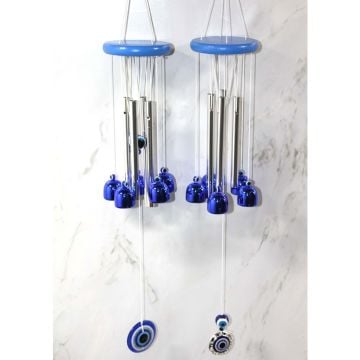 5'li Mavi Tasarım Nazar Boncuklu Metal Rüzgar Çanı (42 cm)