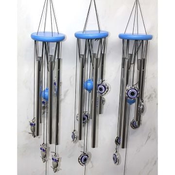 Mavi Toplu Nazar Boncuklu Metal Rüzgar Çanı (72 cm)