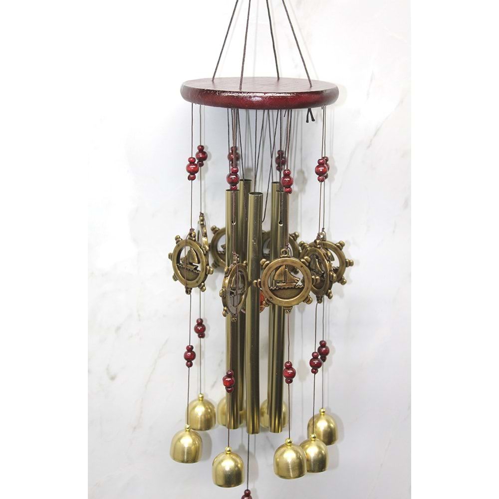 Gemi ve Kırmızı Boncuklu Metal Rüzgar Çanı (83 cm)