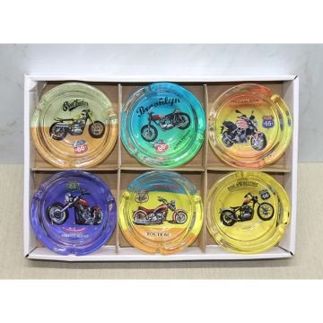 Yuvarlak Retro Motosiklet Tasarımlı Cam Küllük (6 Adet)