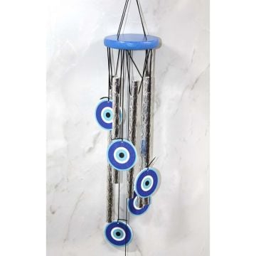 Mavi Yuvarlak Nazar Boncuklu Tasarım Metal Rüzgar Çanı (70 cm)