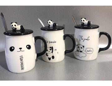 Seramik Panda Tasarım Kapaklı Kaşıklı Kupa Bardak