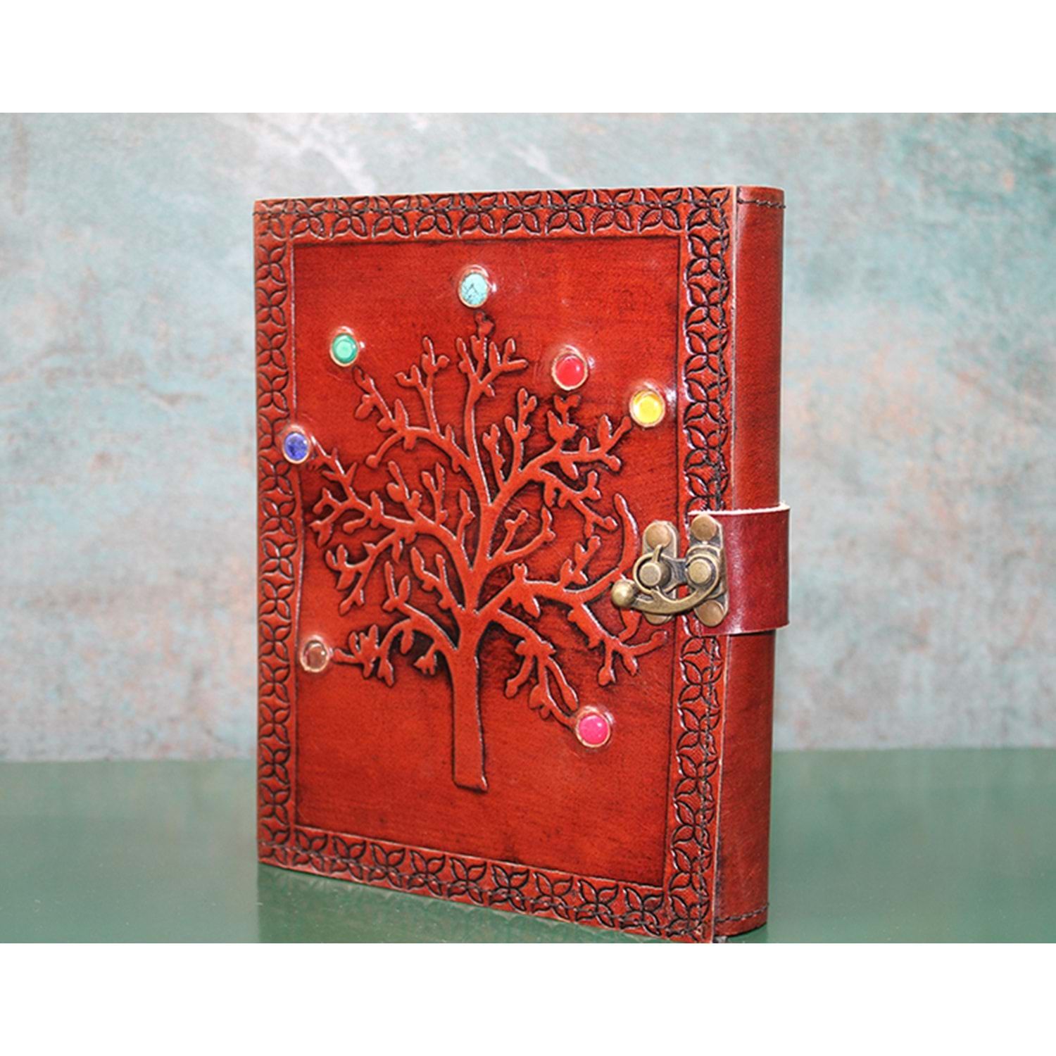 Kahverengi Hayat Ağacı  Desenli Taşlı Deri Defter(20 cm x 15 cm)
