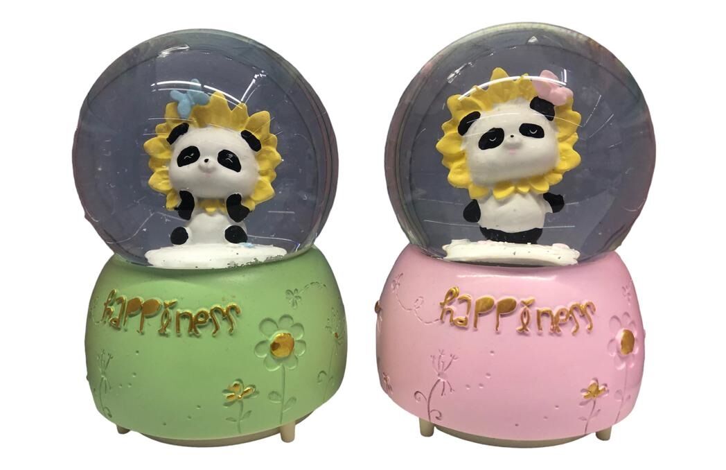 Çiçekli Panda Püskürtmeli Işıklı Müzikli Cam Kar Küresi