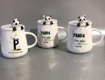 Sevimli Panda Kapaklı Kaşıklı Kupa Bardak