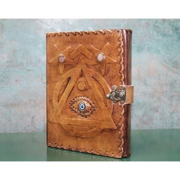 Kahverengi Nazar Boncuklu Desenli Taşlı Deri Defter(20 cm x 15 cm)