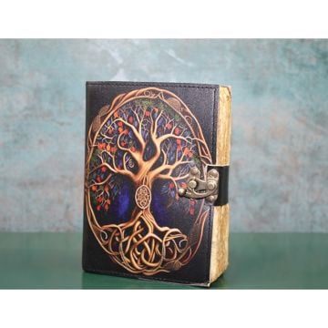 Köklü Hayat Ağacı  Desenli Taşlı Deri Defter
