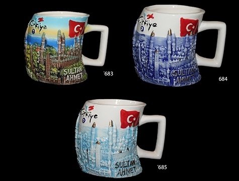 Sultan Ahmet Kabartmalı Renkli Seramik Kupa Bardak
