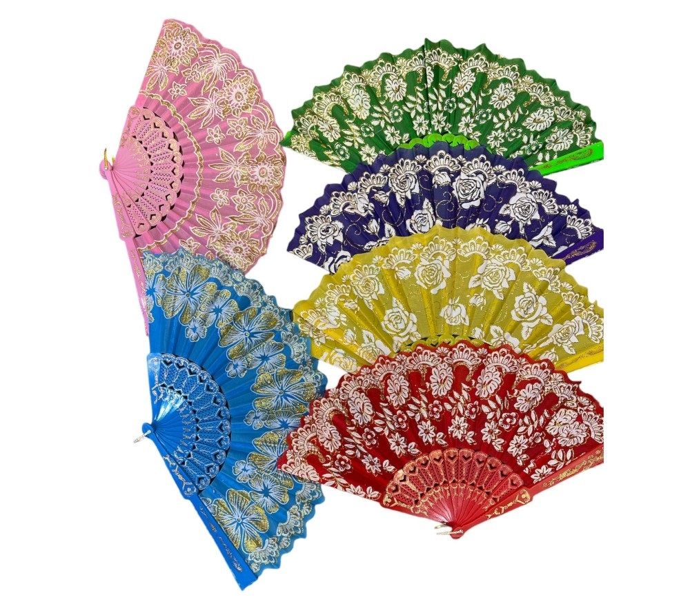 Plastik Saplı Renkli Çiçek Motifli Yelpaze