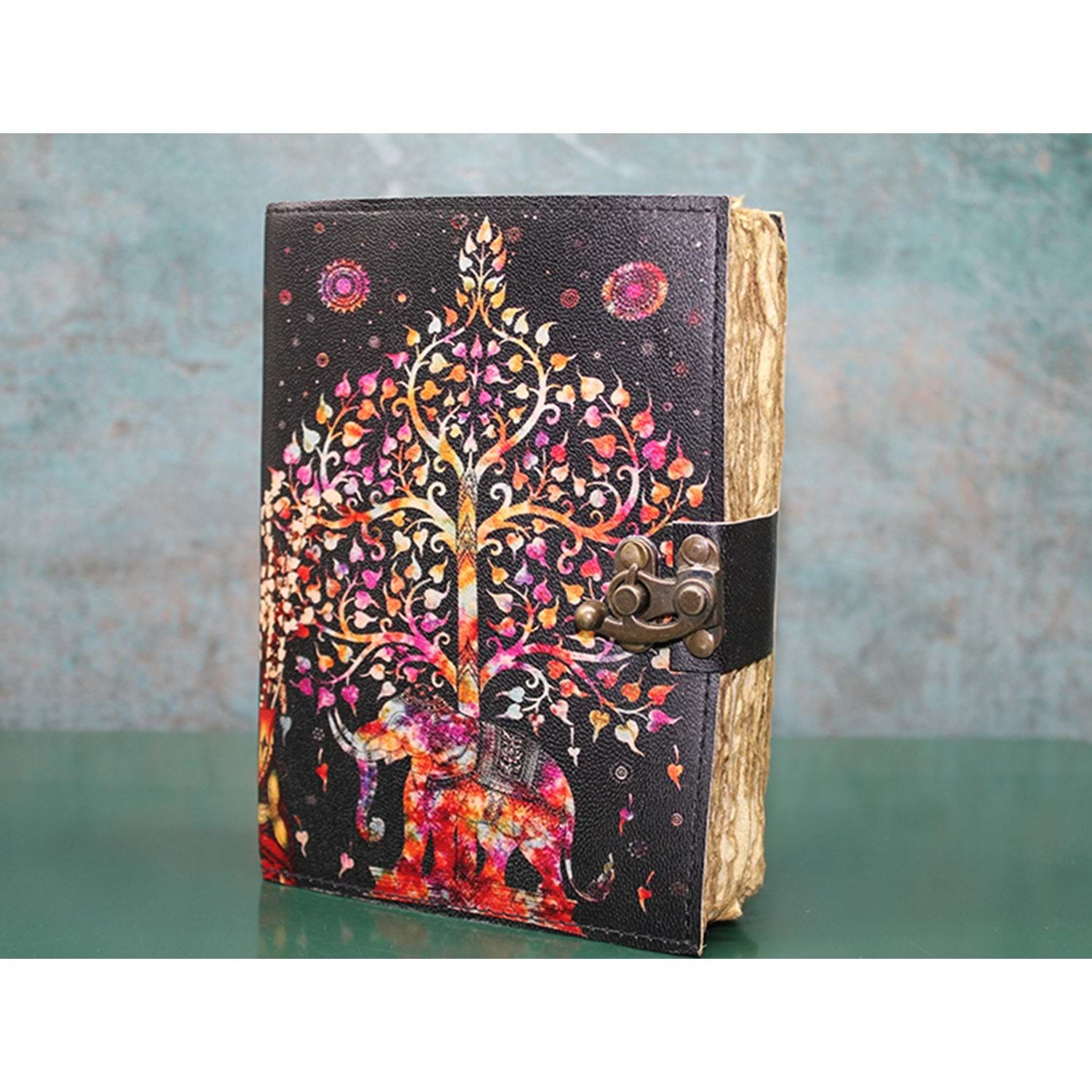 Fil & Hayat Ağacı  Desenli Taşlı Deri Defter