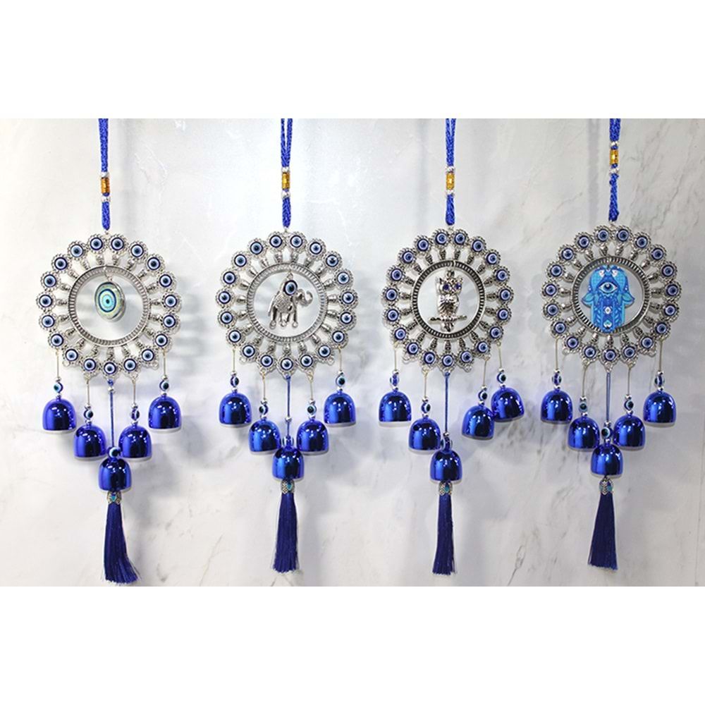 Dekoratif Nazar Boncuklu Figürler Metal Rüzgar Çanı (43 cm)