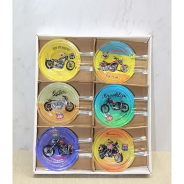 Retro Motosiklet Dekorlu Yuvarlak Puro Cam Küllük (6 Adet)