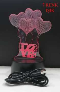 3D Kalpli Balon  Love  Tasarımlı 7 Renk Değiştiren Gece Lambası