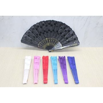 Plastik Saplı Pullu Renkli Kumaş Yelpaze(12 Adet)