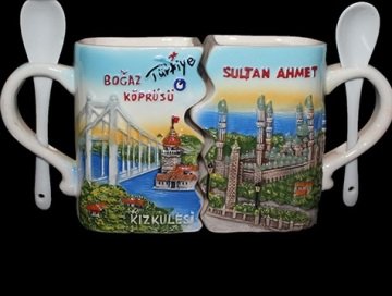 Birbirini Öpen Boğaz Köprüsü Sultan Ahmet Kaşıklı Kupa Bardak (2 Adet)