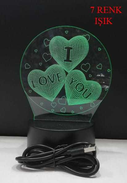 3D Dekoratif Kalpli I Love 7 Renk Değiştiren Gece Lambası