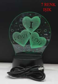 3D Dekoratif Kalpli I Love 7 Renk Değiştiren Gece Lambası