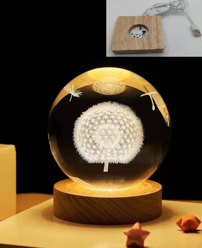 Dekoratif Ahşap Kare Altlıklı Karahindiba Işıklı Cam Küre (8 cm)
