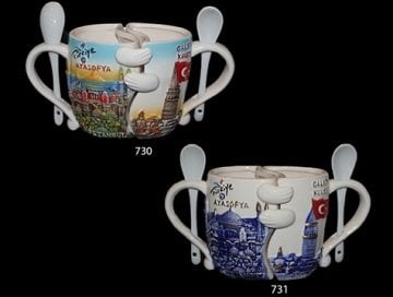 Birbirini Sarılan Ayasofya Galata Kulesi Kaşıklı Kupa Bardak (2 Adet)