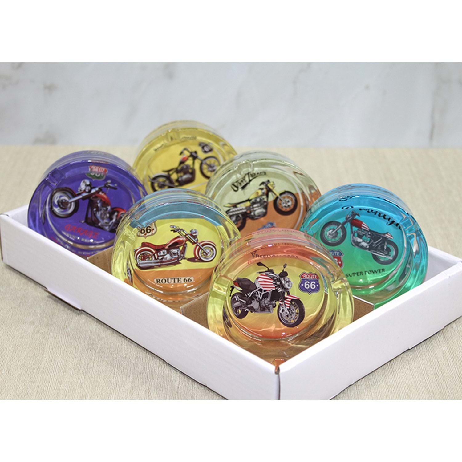 Retro Motosiklet Desenli Yuvarlak Cam Küllük (6 Adet)