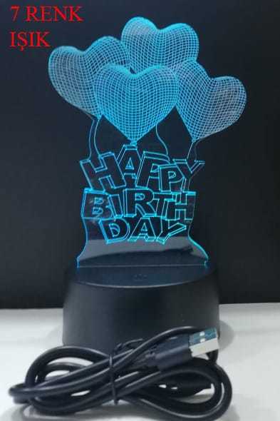 3D Happy Birthday Kalpli Balon 7 Renk Değiştiren Gece Lambası