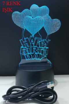 3D Happy Birthday Kalpli Balon 7 Renk Değiştiren Gece Lambası