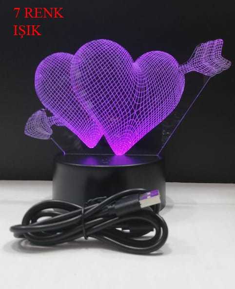 3D Çift Kalp Ok Tasarımlı 7 Renk Değiştiren Gece Lambası