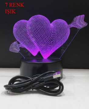 3D Çift Kalp Ok Tasarımlı 7 Renk Değiştiren Gece Lambası