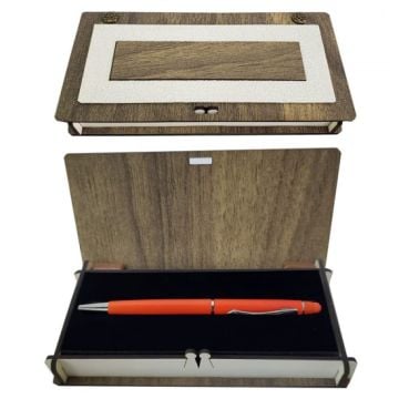 Ahşap Deri Kutulu Turuncu Touchpen Dokunmatik Kalem