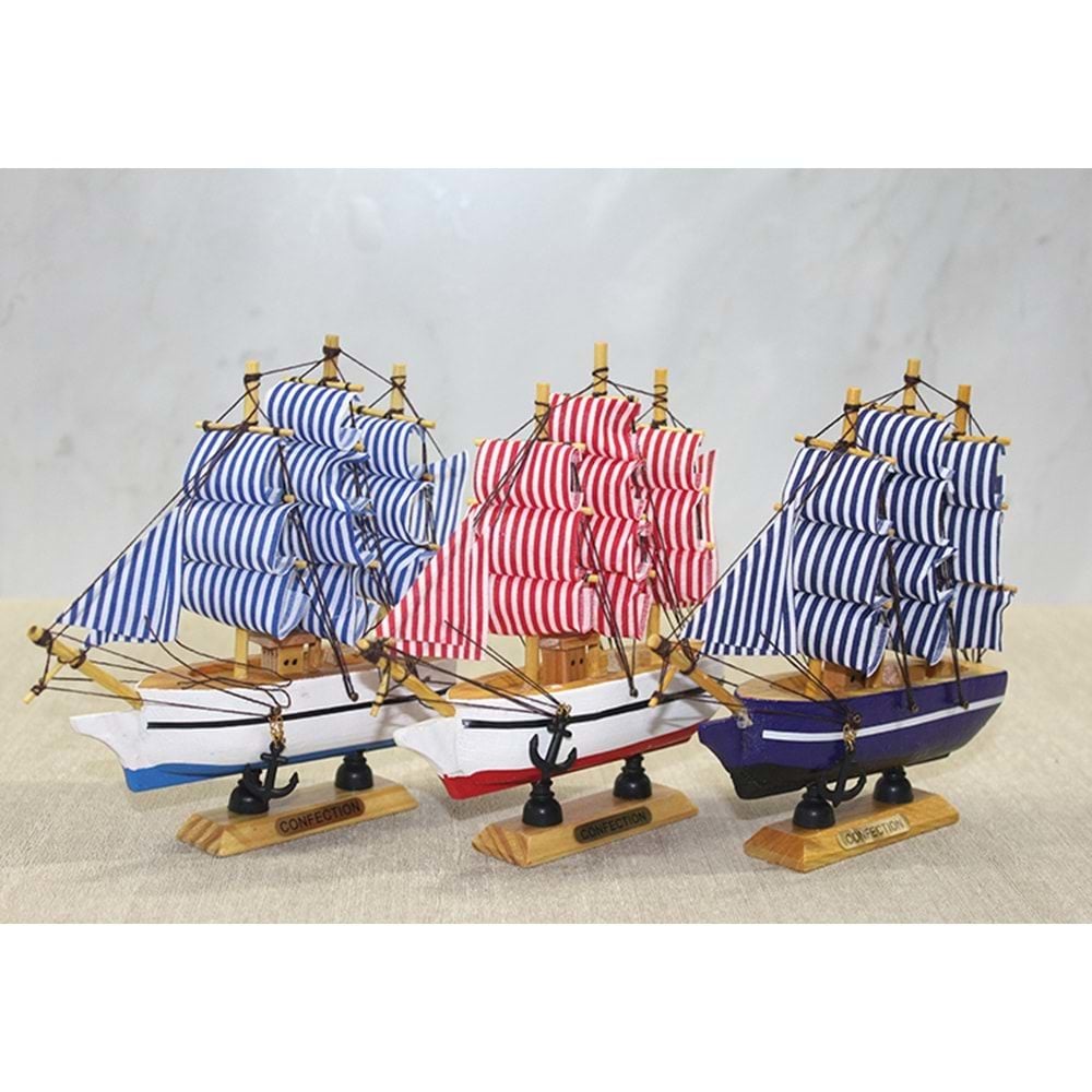 Ahşap Çizgili Bez Yelkenli Gemi Maketi (15 cm x 16 cm)