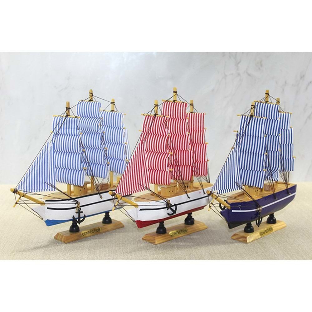 Ahşap Çizgili Bez Yelkenli Gemi Maketi (30 cm x 28 cm)