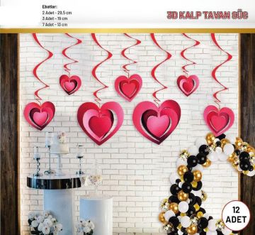 3D Kırmızı Kalp Tavan Süsü