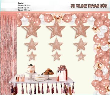 3D Yıldız Rose Gold Tavan Süsü 9'Lu