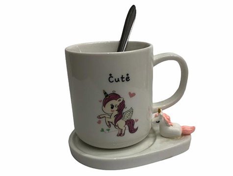 Unicorn Tasarımlı Kaşıklı Seramik Altlıklı Kupa Bardak