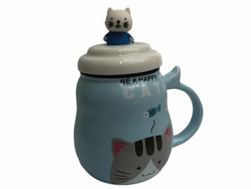 Kedi Tasarımlı Seramik Kapaklı Metal Kaşıklı Kupa Bardak