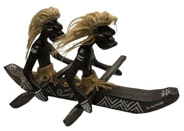 2'li Kayık Kullanan Primitif Aborjin Ahşap Biblo (30 cm)