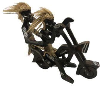 İkili Primitif Motorsikletli Aborjin Ahşap Biblo (20 cm)