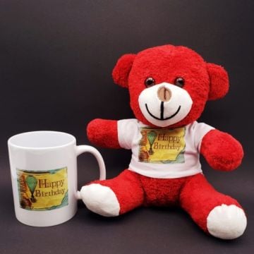 Kırmızı Peluş Ayıcık Ve Happy Birthday Kupa Bardak Hediye Seti