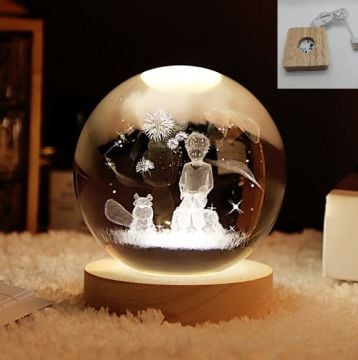 Dekoratif Ahşap Kare Altlıklı Küçük Prens Işıklı Cam Küre (8 cm)
