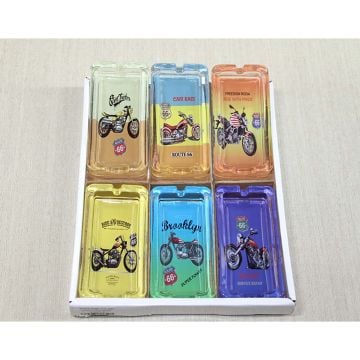 Dikdörtgen Retro Motosiklet Desenli Cam Küllük (6 Adet)